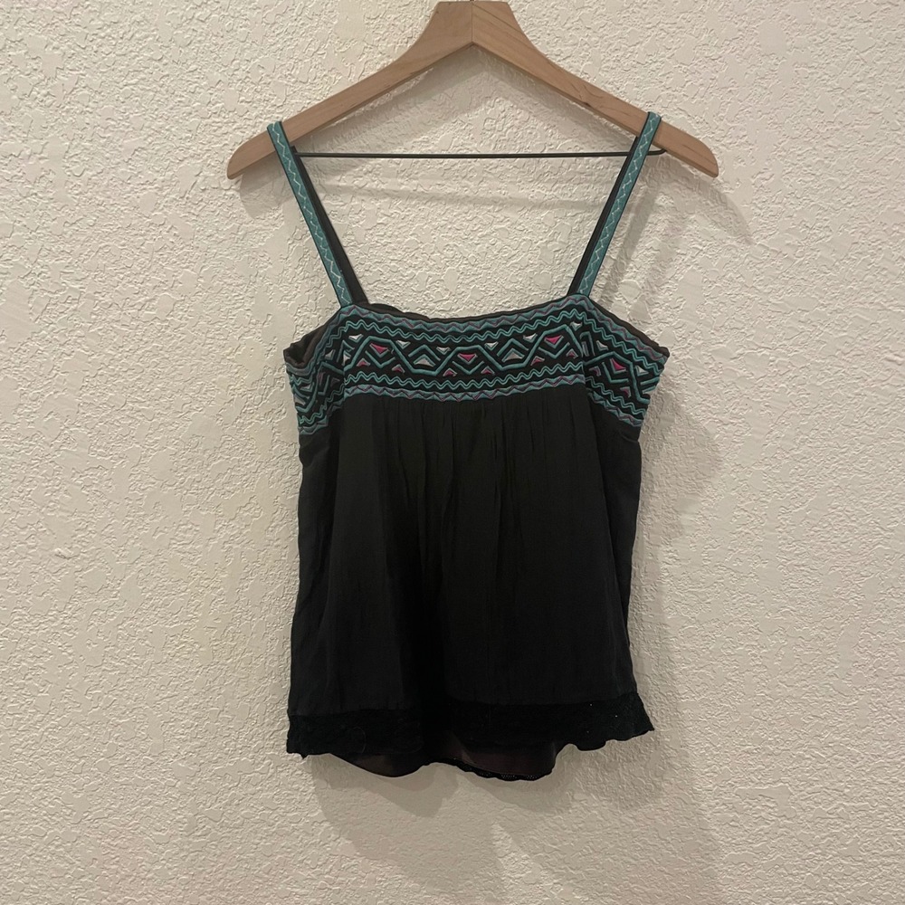 Gold Hawk Black Silk Embroidered Southwestern Boho Cami Top‎ Lace Smocked Y2K - Picture 5 of 7